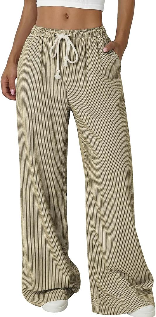 Acelitt Womens Wide Leg Palazzo Pants Casual Loose Lounge Pants Beach Trousers with Pockets (Medium, Z-coffee and White)