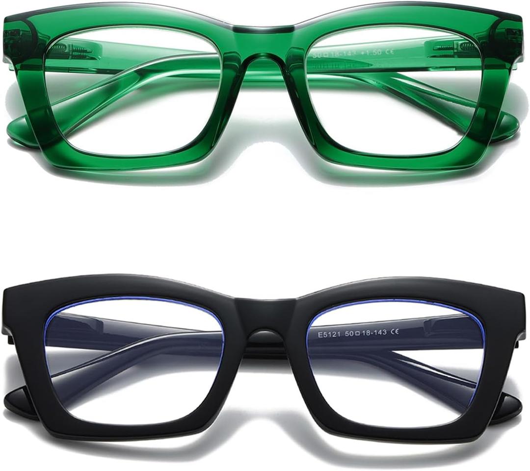 Hubeye Oprah Style Readers for Women Stylis Style Reading Glasses with Blue Light Blocking and Spring Hinge (Glossy Black/Emerald)