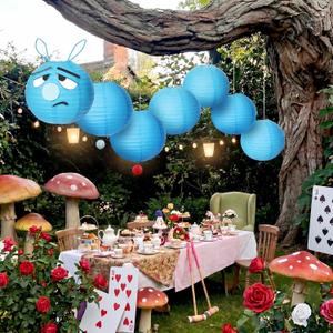 7 Pcs Wonderland Tea Party Decoration Classroom Decor Blue Caterpillar Paper Lanterns Wonderland Party Ceiling Hanging Decoration 12" Paper Lantern Back to School for Baby Shower Birthday Photo Booth