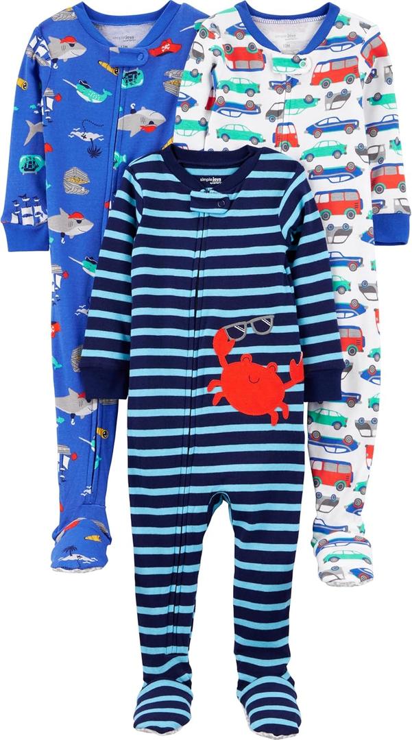 Simple Joys by Carter's Toddlers and Baby Boys' Snug-Fit Footed Cotton Pajamas, Pack of 3 (6-9 Months, Blue Sea Life/Navy Stripe/White Cars)
