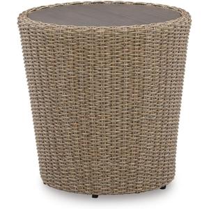 Benjara BM313427 22 Inch Outdoor End Table, Round Shape, Handwoven Resin Wicker, Beige Brown