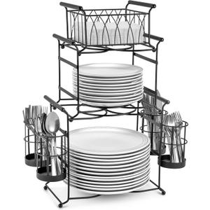 Sorbus Buffet Caddy  7-Piece Stackable Set Includes Plate, Napkin, and Silverware Holder, 3-Tier Detachable Tabletop Organizer  Ideal for Kitchen, Dining, Entertaining, Parties,Thanksgiving (Black)