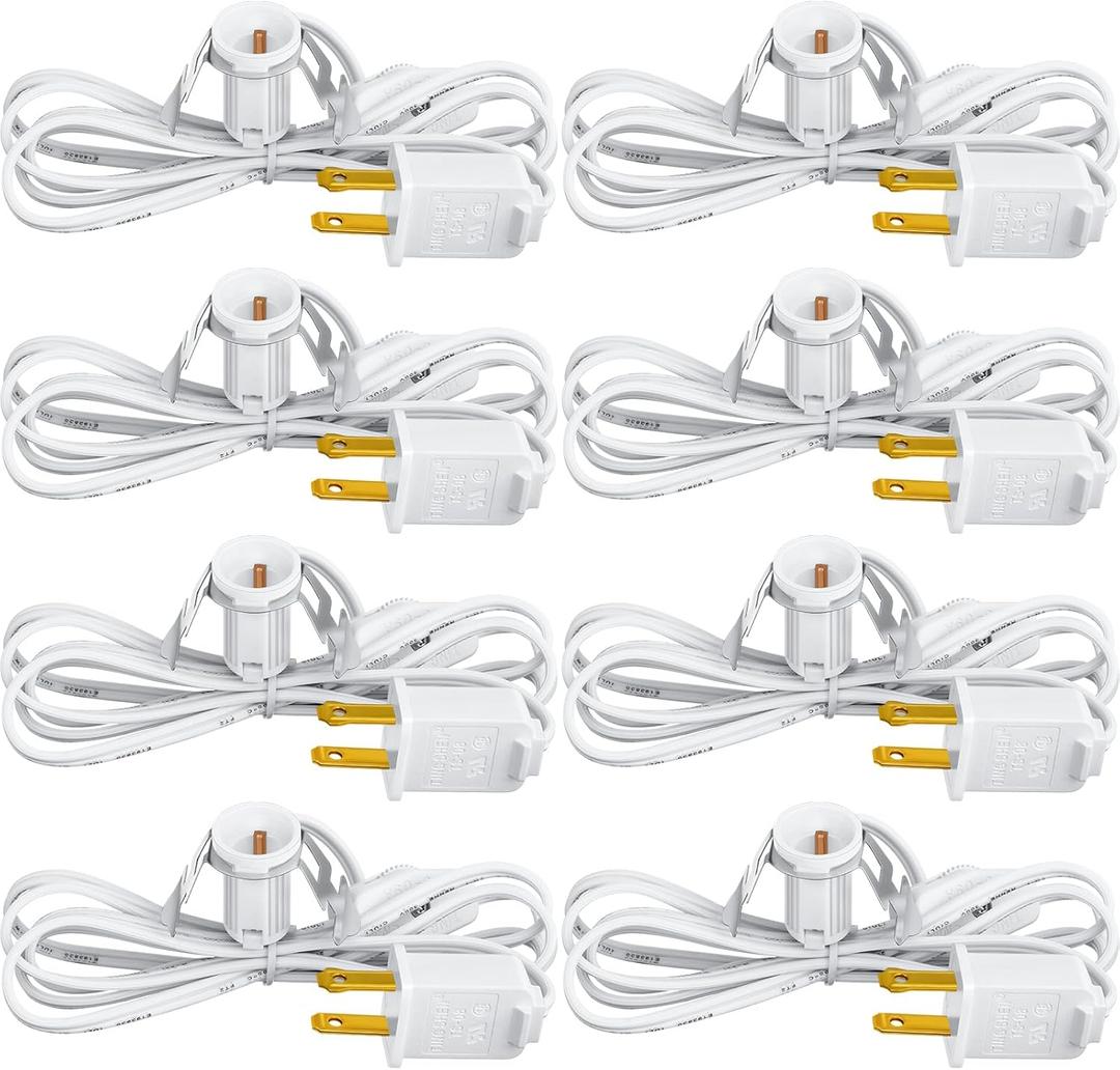 Zhengmy 8 Pieces 6ft Christmas Village Light Cords Fit C7 LED Bulb E12 Socket Christmas Replacement Accessory Cord Clip with On/Off Switch Plug for Village House Display Holiday Decorations (White)