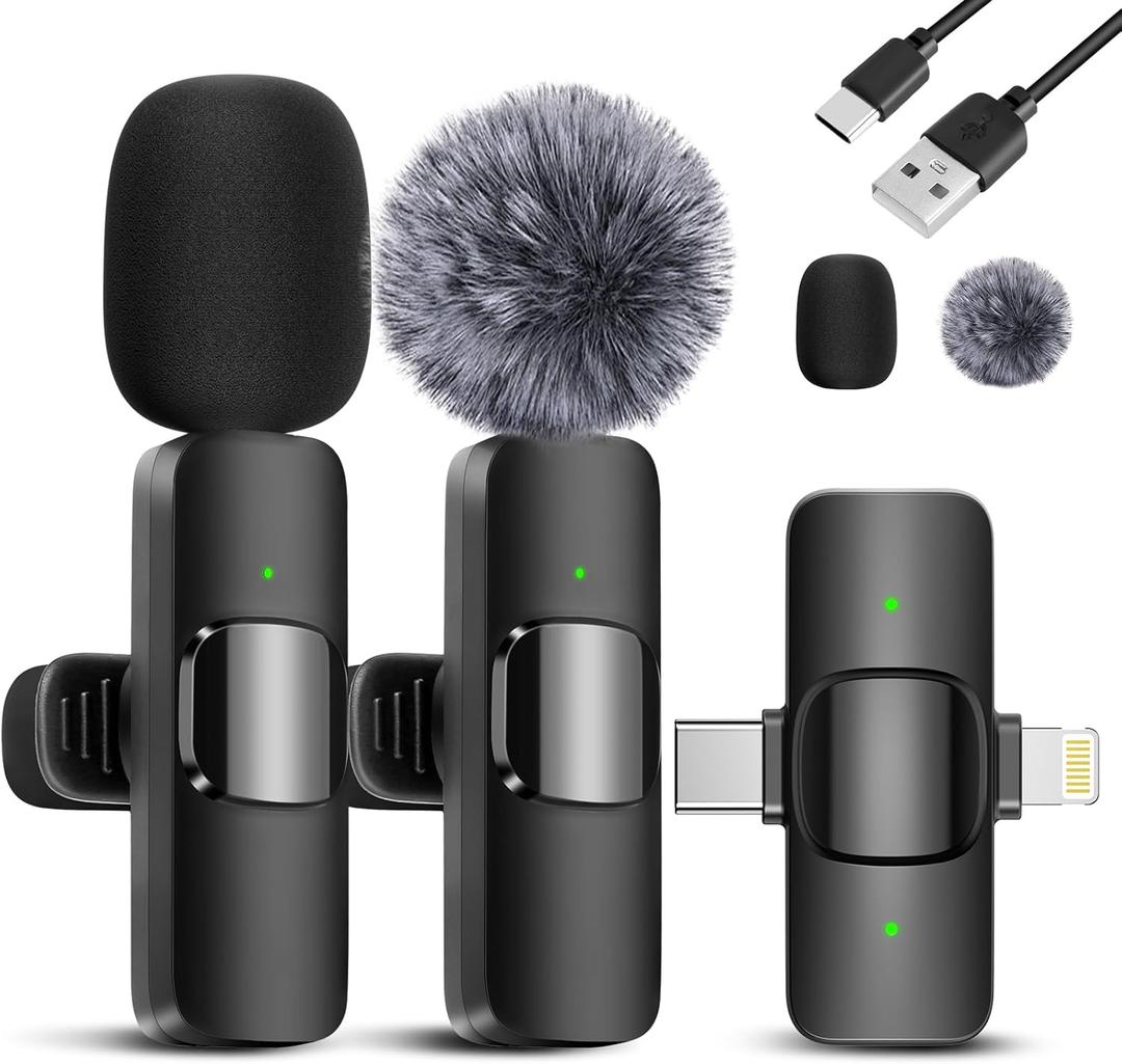ODGG 2 Pack Wireless Lavalier Microphone for iPhone 15, USB C Android Phone, Laptop, Tablet, PC, Type-C Mini Lapel Mic with Noise Reduction for Vlog Video Recording Content Creator (2 in 1)