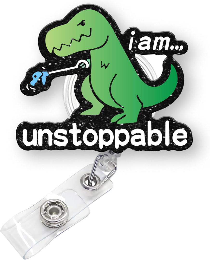 Funny Dinosaur Badge Reel Retractable for Nurse Nursing Student RN CNA LPN Medical Worker & Teacher, Im Unstoppable Dino Badge Clip, T-Rex Badge Holder with Alligator Clip & 24 Durable Nylon Cord