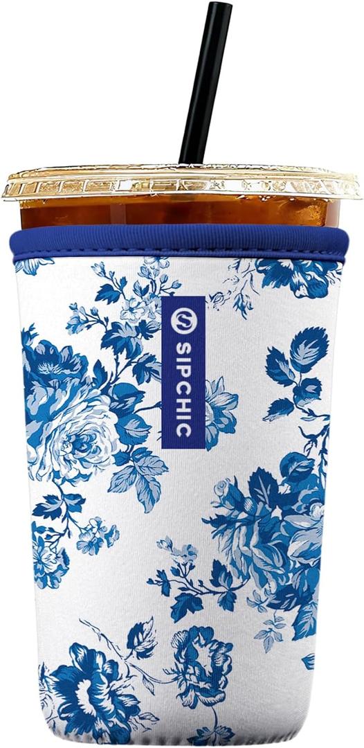 Iced Coffee Sleeve  Neoprene Reusable Cup Sleeves for Drinks, Insulated Drink Sleeves to Keep Hands Dry & Drinks Cold, Stylish & Durable Coffee Sleeves (Blue Porcelain Bloom, Medium: 22-29oz)