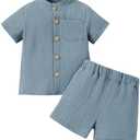 NARPLO Toddler Boy Clothes Summer Baby Boy Clothes Outfits Short Sleeve Button-Down T-Shirt Tops + Shorts Set with Pockets.120