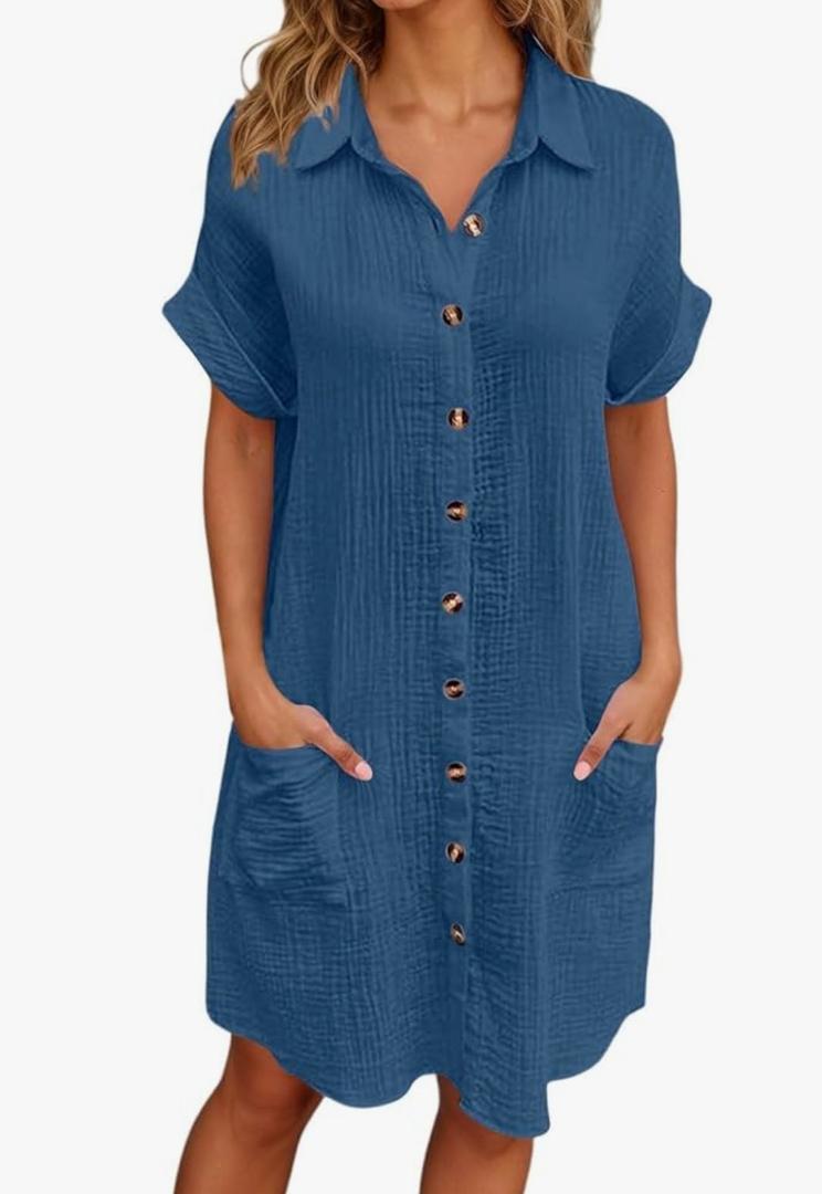 Tshirt Dress with Pockets Womens Button Down Shirt Dress Summer Shorts Sleeve Cotton Linen Casual Midi Dress, 2XL, Blue 