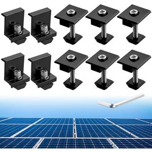 Anbte 10 PCS Solar Panels Brackets 40mm, Aluminium 6 x T-Shaped Mid Clamps + 4 x End Clamps, Solar Panel Mounting Brackets for Metal, Tin, Flat, Sheet Roofs, RV, Black