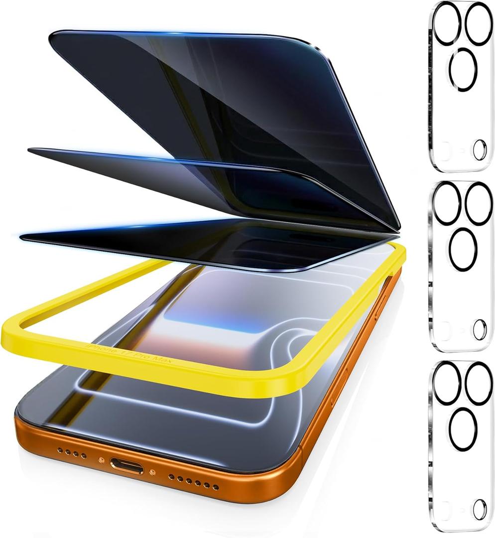 Fotbor [3+3 Pack Privacy Screen Protector for iPhone 17 Pro, 26 Anti-Spy & Blue Light Filter Tempered Glass with 3 Camera Lens Protectors, 3X Reinforced, Easy Alignment