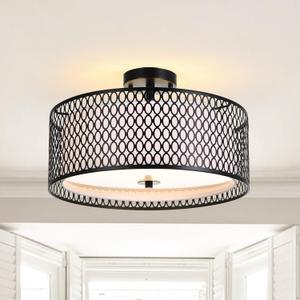 17" Semi Flush Mount Ceiling Light Fixture, Modern 3-Light E26 Double Drum Ceiling Lighting with Matte Black Iron Mesh Cage for Living Room Bedroom Hallway Entryway, Black