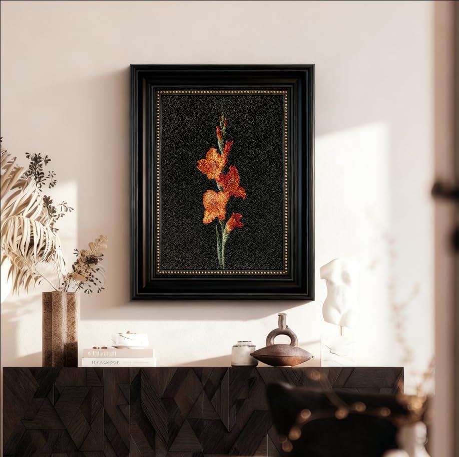 VIYYIEA Large Vintage Framed Wall Art16x20In Decorative Floral Painting,Elegant Black Frame,Orange Gladiolus Design, Nature-Inspired Home Decor for Living Room&Bedroom,Sandstone Textured Painting