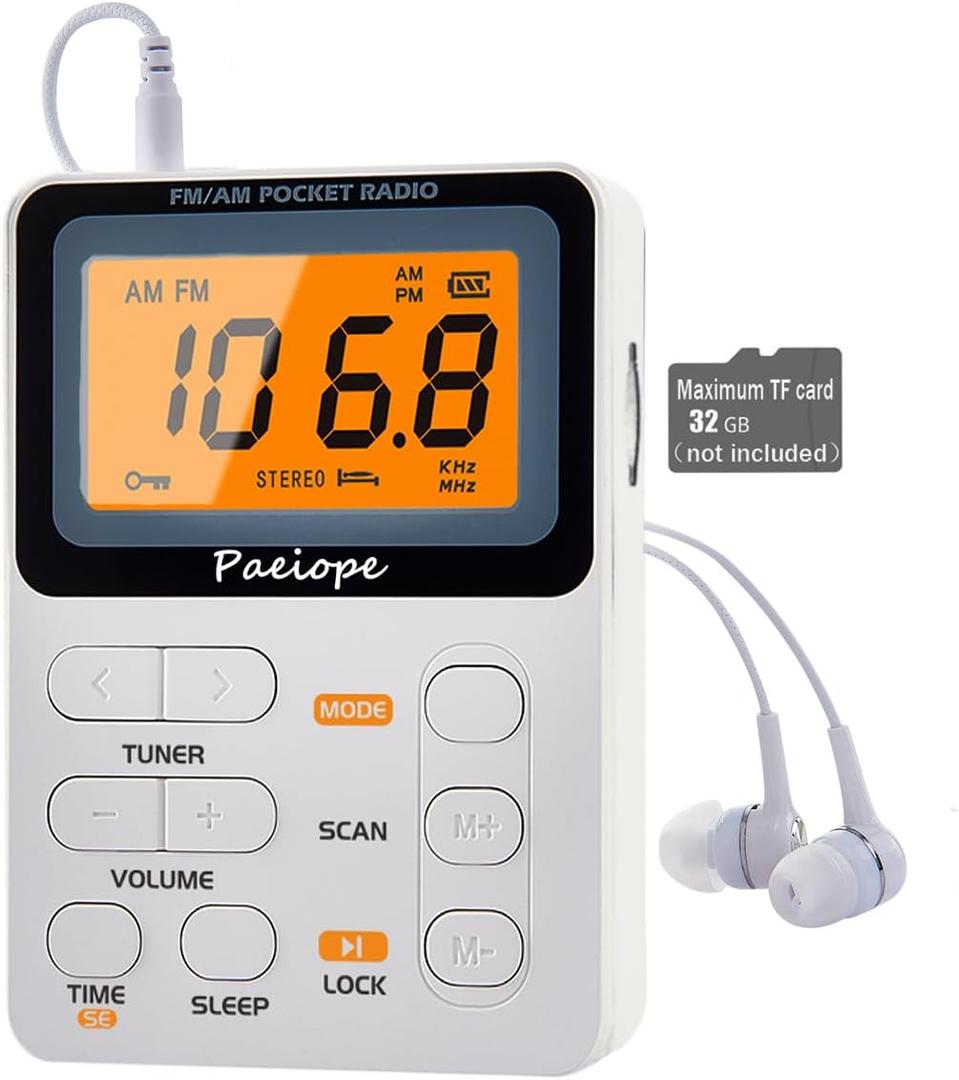 Portable Radio AM FM, Rechargeable Pocket Speaker with Best Reception Digital Tuning, MP3, Stereo Earphone, Large LCD Screen, TF Card Socket, Transistor Radio for Jogging/Gym/Camping(White)