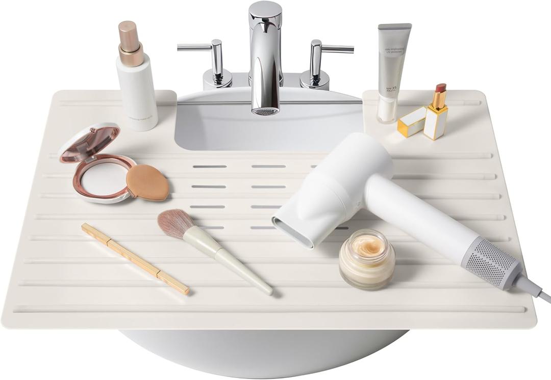 Maplefield Bathroom Sink Cover for Counter Space, Heat Resistant Silicone Sink Mat for Your Beauty Routine, Small Bathroom Space Saver Sink Cover for Makeup (Taupe Large, 22 x 2 x 2 Inches)