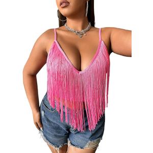 WDIRARA Women's Plus Size V Neck Fringe Trim Spaghetti Strap Club Crop Cami Top (4X-Large Plus, Pink)