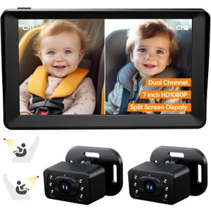 Baby Car Camera for 2 Kids - 7 Inch HD1080P Split Screen Baby Monitor with Dual Backseat Camera 150 Wide View & 360 Rotatable, Night Vision Easy Install, Rear-Facing Baby Car Mirror
