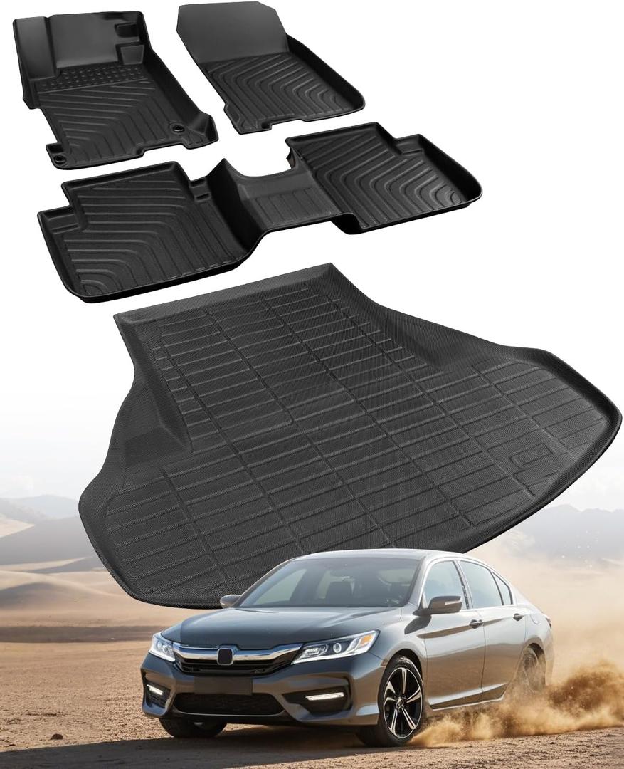 All-Weather Floor Mats for Honda Accord 2013-2017 (Only for Sedan) Custom Fit Black Rubber Car Liners, Waterproof Vehicle Accessories for Front & Rear, Heavy Duty Interior Protection
