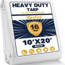 Kesfitt 16 Mil Heavy Duty Waterproof White Tarp, 10x20 ft, 100% Virgin Polyethylene, Reinforced Grommets, UV Resistant Outdoor Tarp for Storm Protection, Equipment Cover & Backyard Use