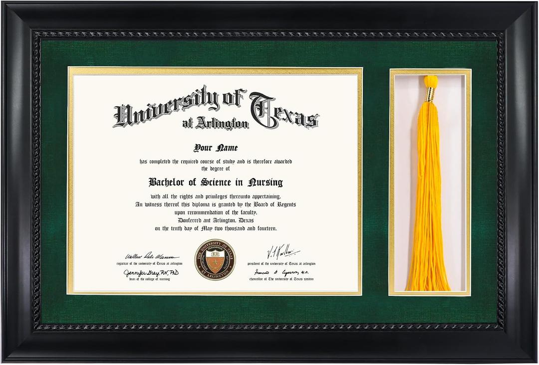 8.5x11 Diploma Frame with Tassel Holder, Solid Wood & Tempered Glass, Green over Gold Mat, Black Finish with Intricate Black Rope Detail