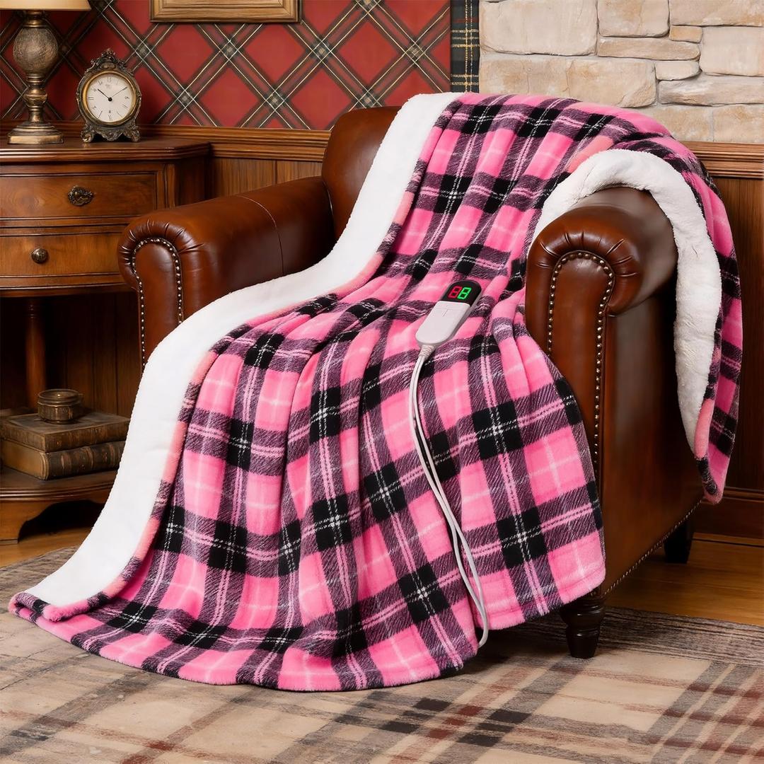 Electric Heated Blanket 62"x84",Fast Heating Twin with 8 Hours Auto Off/8 Heats Levels,Soft Pink Plaid Sherpa Electric Blanket with ETL Certification & Over-Heat Protection