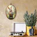 GMCDFHRQ Vintage Easter Bunny Oval Wall Decor, 8.3" x 11.6" Traditional Rabbit Holding Woven Basket of Easter Eggs Wall Art, Framed Print (006)