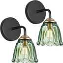 Vintage Hardwired Wall Sconce Set of Two, Small Black and Gold Sconces Wall Lighting with Green Glass, Sconces Wall Decor Set of 2, Brass Bathroom Light, G9 Bulbs Wall Light for Mirror, Bedroom