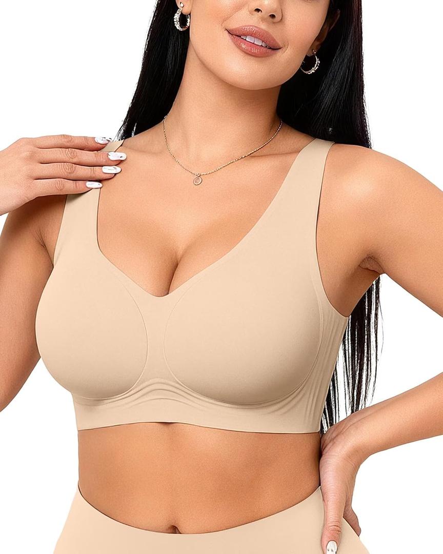 Vertvie Womens Jelly Wireless Bras Seamless T-Shirt Bra No Underwire Full Coverage Pullover Bralettes Supportive Sports Bras (XX-Large, Sand)
