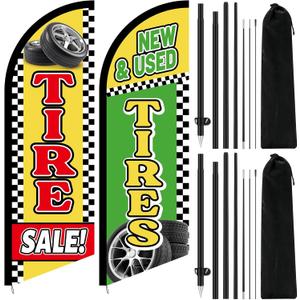 2 Pcs 8.2 Feet Tire Sale King Flags New and Used Tires Shop Feather Flags with Pole for Businesses Highly Visible Weatherproof Polyester Banner to Sale Tyre Advertising Signs Supplies