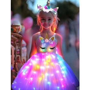 SHINYOU Girls Unicorn Costume, Rainbow Unicorn Dress, LED Light Up Unicorn Tutu with Wing for Halloween Birthday Gift (7-8Y)