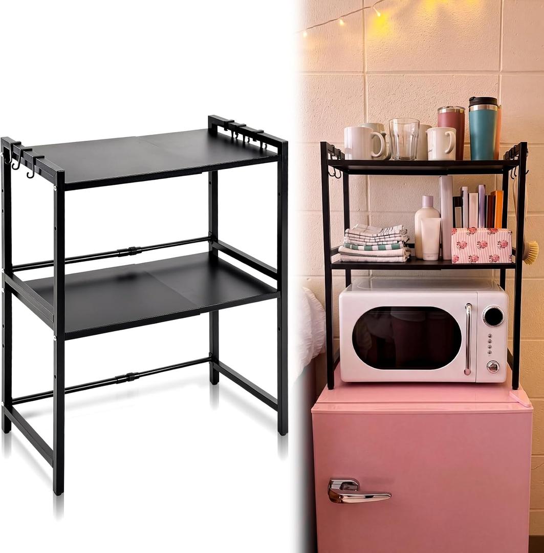 Geetery Expandable 2 Tier Mini Fridge Stand with Storage for Dorm Microwave Stand Over Mini Fridge Storage Shelf 15"-26" Kitchen Countertop Organizer with 6 Hooks College Rooms Kitchen, 30.71 inches