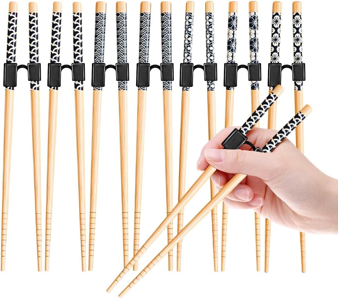 7 Pairs Reusable Training Chopsticks Helpers for Kids Adults Trainers Beginner and Each Age Learner, Non-Slip and Portable Practice Wooden Chopsticks Hinges Connector Set (1.Japanese stamp)