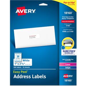 Avery Easy Peel Printable Address Labels with Sure Feed, 1" x 2-5/8" Customizable Stickers, White, 300 Blank Mailing Labels, Great for Mailing, Shipping, and More (18160)
