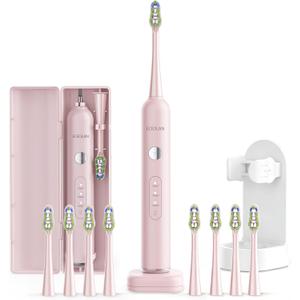 Sonic Electric Power Toothbrush for Adults & Kids,3 Deep Clean Modes IPX7 40000VPM Rechargeable Toothbrush with 8 Brush Heads, Travel Case, 2-Min Smart Timer, One Charge Last 60 Days(Pink)