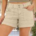 Flamingals Women's Mid Waist Solid Split Side Flap Pocket Casual Shorts (Beige, M)