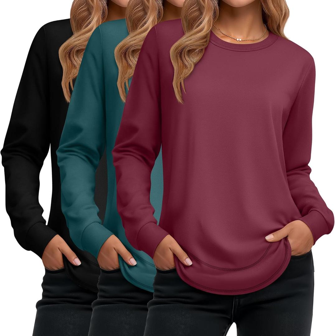 Ficerd 3 Pack Women's Long Sleeve Shirts, Cotton Crew Neck Tunic Tops Casual Loose Fit Pullover Sweatshirts Curved Hem Shirts (X-Large, Black, Dark Green, Magenta)