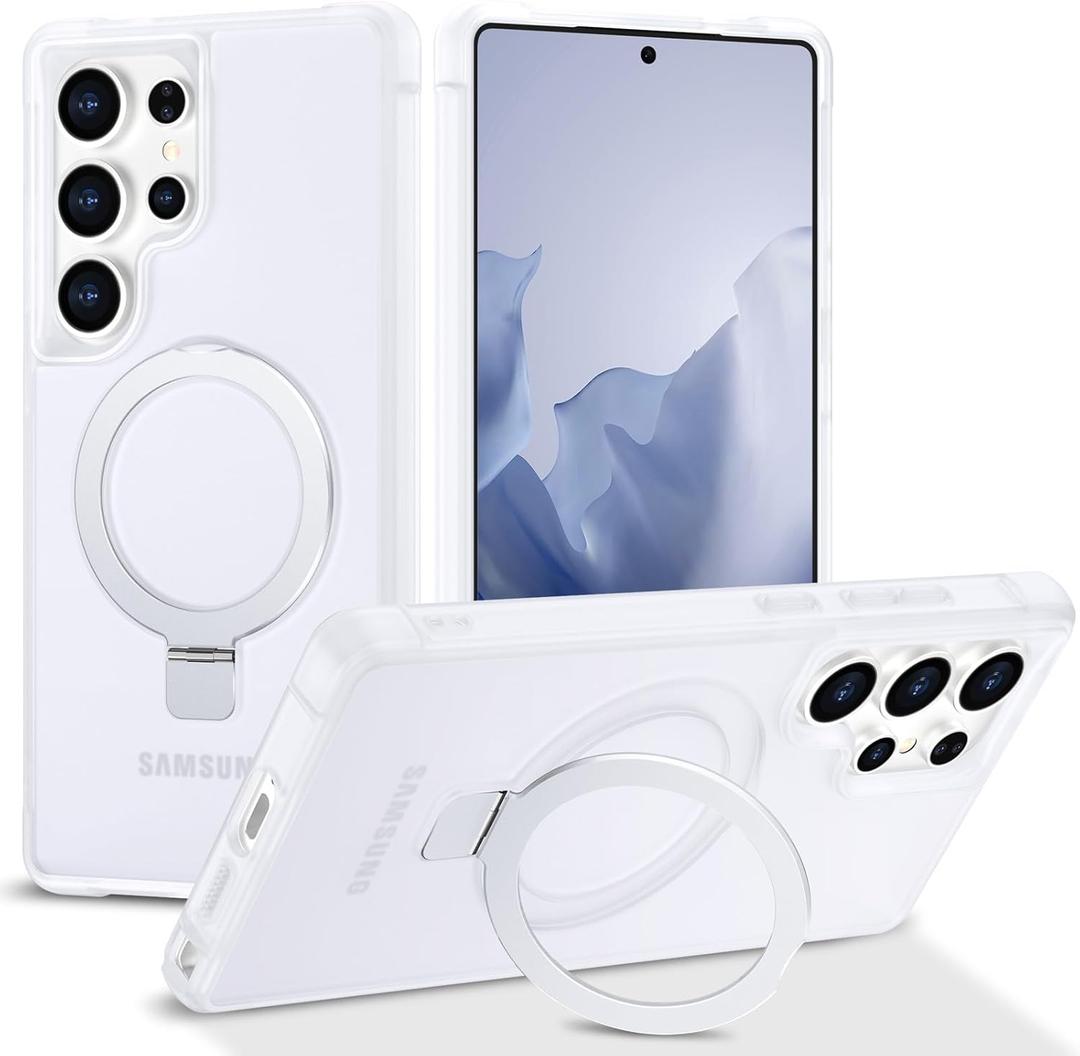 Magnetic Compatible with Samsung Galaxy S25 Ultra Case with Stand [Military Grade Drop][Compatible with Magnet] Ring Holder Translucent Slim Hard Back Soft Edge, White