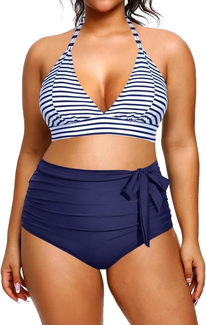 Daci Women Plus Size Two Piece Bikini Halter Swimsuits High Waisted Swimwear Tummy Control Bathing Suits Blue Stripe 16W Plus