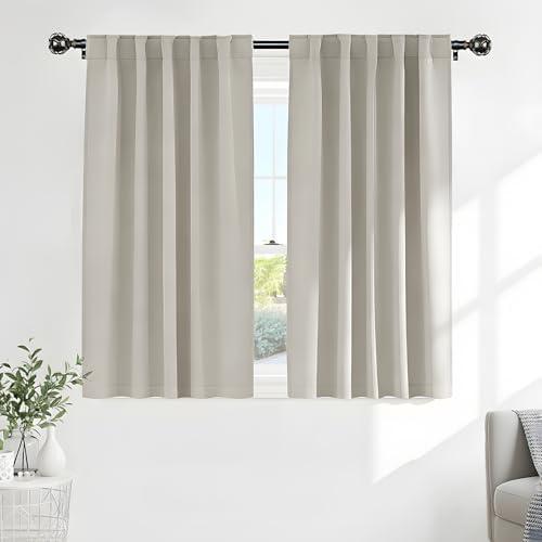 PONY DANCE Cream Blackout Curtains, Thermal Insulated Short Drapes for Small Basement Bathroom Window, Back Tab & Rod Pocket Solid Black Out Curtains for Bedroom, 42 W x 45 L, Ivory/Cream, 2 Panels