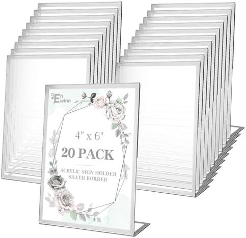 EHWINE 20 Pack Acrylic Sign Holder 4 x 6, Silver Picture Frame Stand up Table Top Sign Holders, Slanted Back Paper Holder Clear Display Stand Menu Flyer Holder for Wedding Party