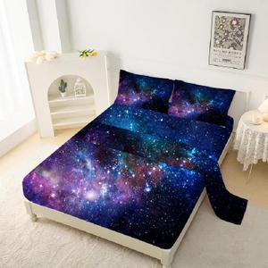 kxry Blue Purple Galaxy Fitted Sheet Sets Queen Size for Boys Kids Teens Outer Space Starry Sky Universe Bedding Set 1 Fitted Sheet + 1 Flat Sheet + 2 Pillow Cases (Multi4)