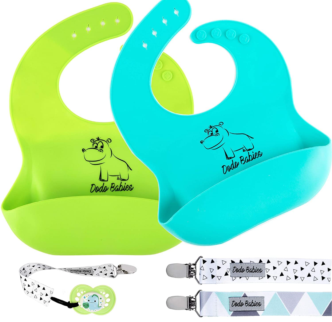 Dodo Babies Silicone Bib Set - Practical BPA-Free Feeding Solution with Adjustable Straps, Wide Food Pocket, and Bonus Pacifier Clips