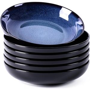 LERATIO Large Pasta Bowls,38oz Ceramic Pasta Bowls,9.0" Reactive Glaze Pasta Bowl Set of 6,Microwave & Dishwasher,Oven Safe,Wide Serving Bowls for Salad,Pasta,Fruit,Scratch Resistant-Blue