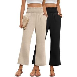 Oakgarden 2 Pack Women's Linen Pants, High Waist Cropped Wide Leg Loose Pants with Pockets Flowy Palazzo Beach Trousers.  XXL