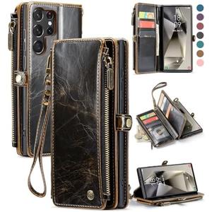Defencase Compatible with Samsung Galaxy S23 Ultra Case Wallet with RFID Blocking Card Holder for Women Men, PU Leather Magnetic Snap Flip Zipper Strap Phone Case Fit for Galaxy S23 Ultra 5G, Coffee