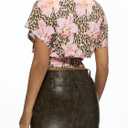 MakeMeChic Women's Floral Cheetah Print Blouse Mock Neck Short Sleeve Summer Boho Loose Shirt (S)