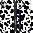 Compatible for iPhone 16 Plus Case Cute with Card Holder Shockproof Slim Slot Phone Wallet Cover for Women/Black White Cow Pattern Spots Pattern Animal Theme