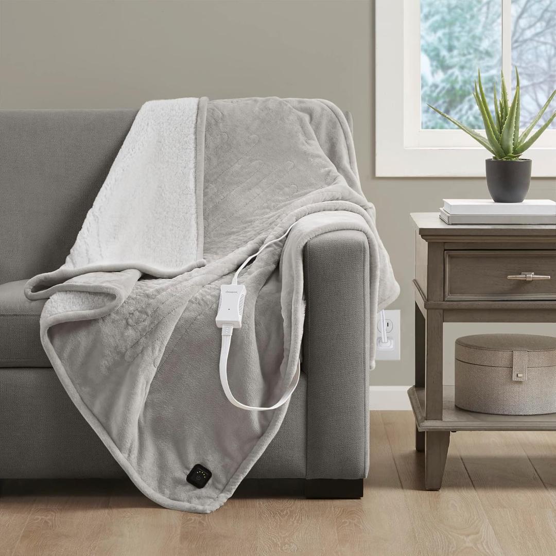 Beautyrest Plush to Sherpa Reversible Electric Blanket, Built-in Soft Button Controller, Auto Shut Off, Multi Heat Setting, UL Certified, Machine Washable Heated Throw, 50x60 Grey
