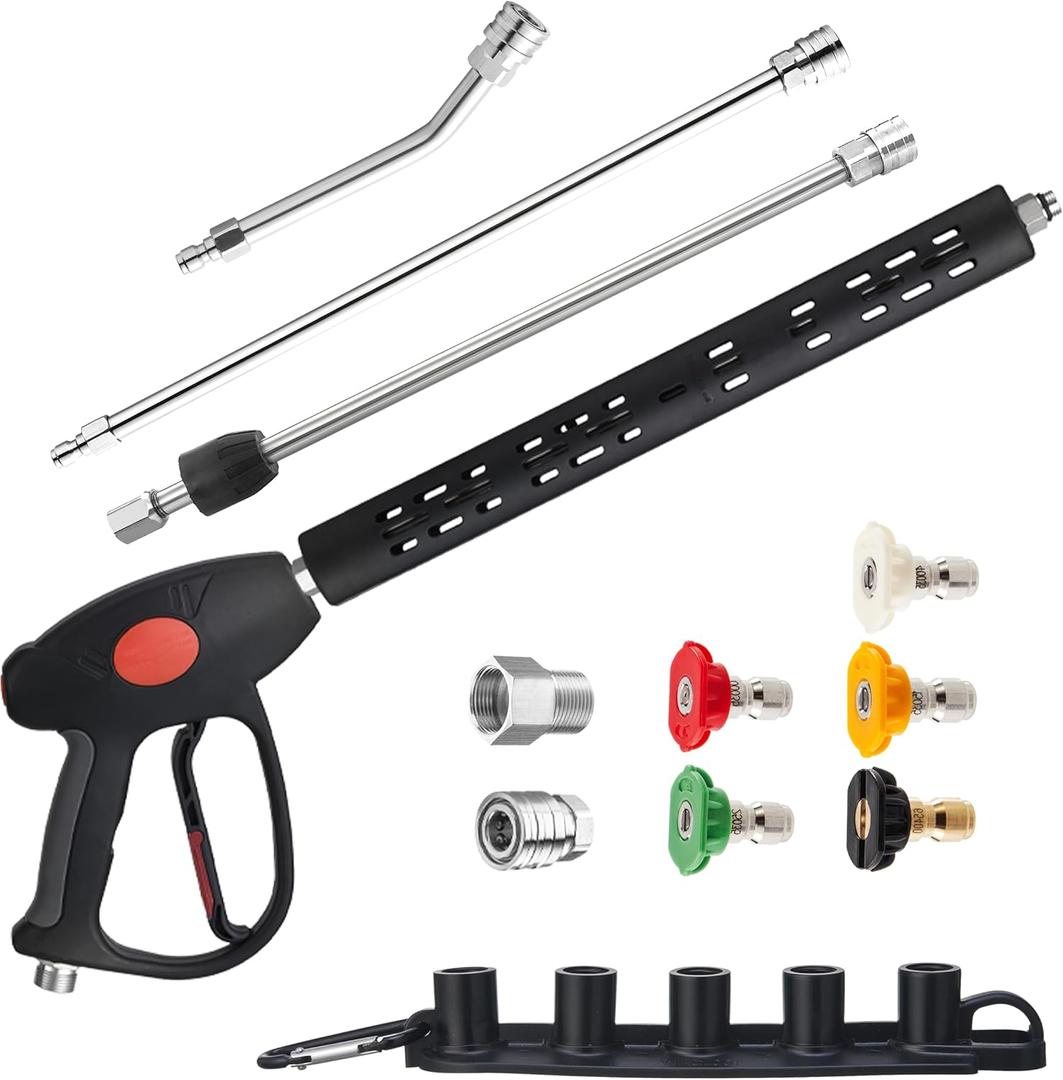 M MINGLE High Pressure Washer Gun, Extension Wands and 30 Degree Curved Rod for Hard-to-Reach Areas, M22 15mm or M22 14mm Fitting, 5 Nozzle Tips, 4000 PSI (64 Inch)