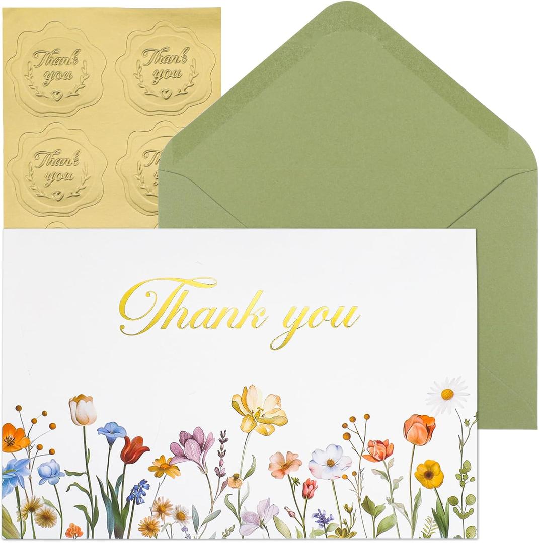 Thboxes 50 Pack Thank You Cards with Envelopes, 4x6 Inch Teacher Appreciation Cards with Stickers, Thank You Card Bulk Blank Card for Graduation, Teacher's Day, Mother's Day, Wedding, Baby Shower