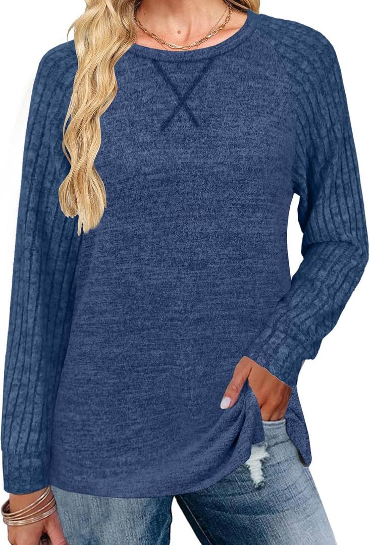 JomeDesign Long Sleeve Shirts for Women Crew Neck Sweatshirts Lightweight Sweaters Side Split Loose Casual Blouses (Medium, Blue)